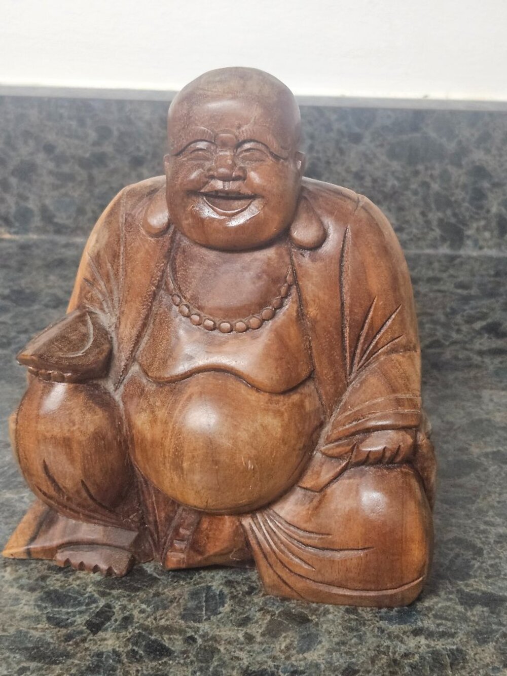Carved Wooden Laughing Buddah 6.5 inches high